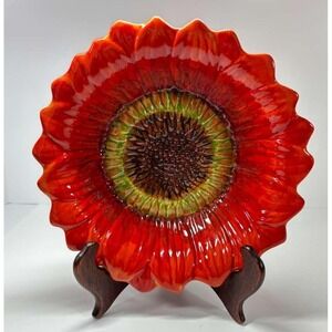 Golden Sunflower Ceramic Glazed Serving Bowl 9" Diameter Red And Gold Color‎